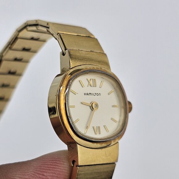 Hamilton Women's Watch 19MM Cream Dial Gold Case Bracelet 5.5" Wrist New Battery - Picture 4 of 11